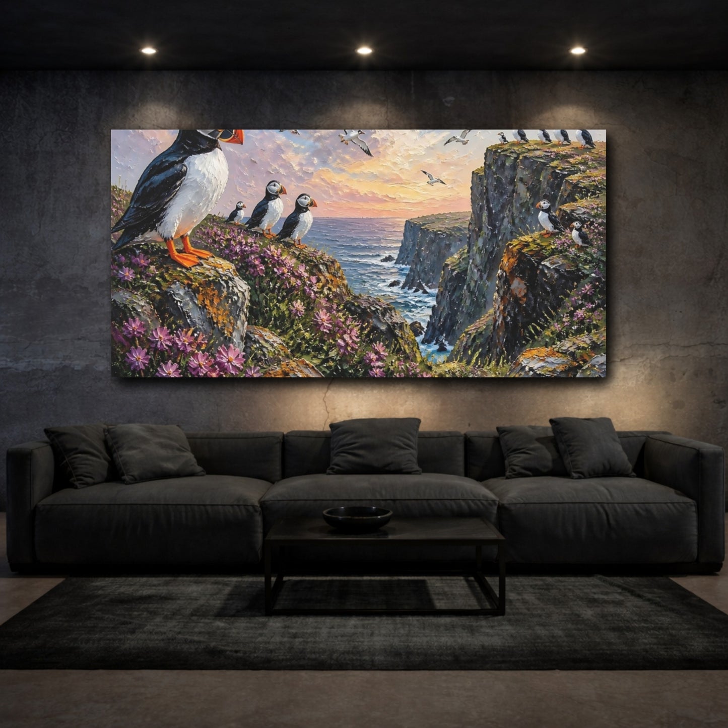 Mockup 3. Puffins On Sunset Cliffs shown as canvas print