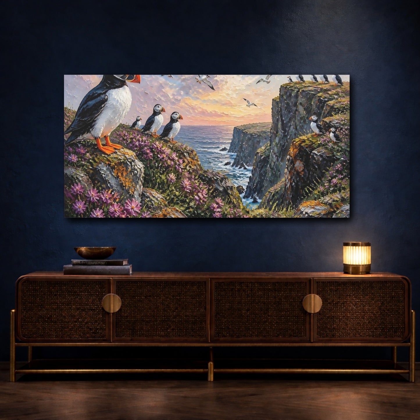 Mockup 4. Puffins On Sunset Cliffs shown as canvas print