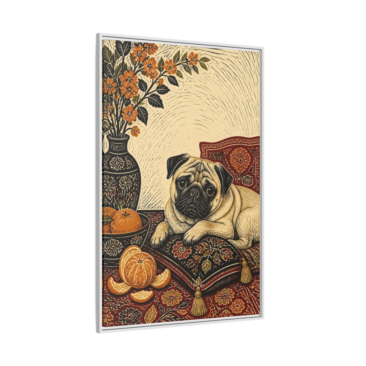 Side Mockup 7. Pug Pet Portrait shown as framed canvas print