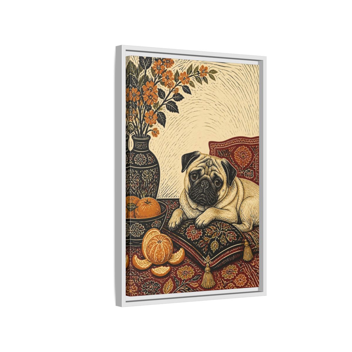 Side Mockup 1. Pug Pet Portrait shown as framed canvas print