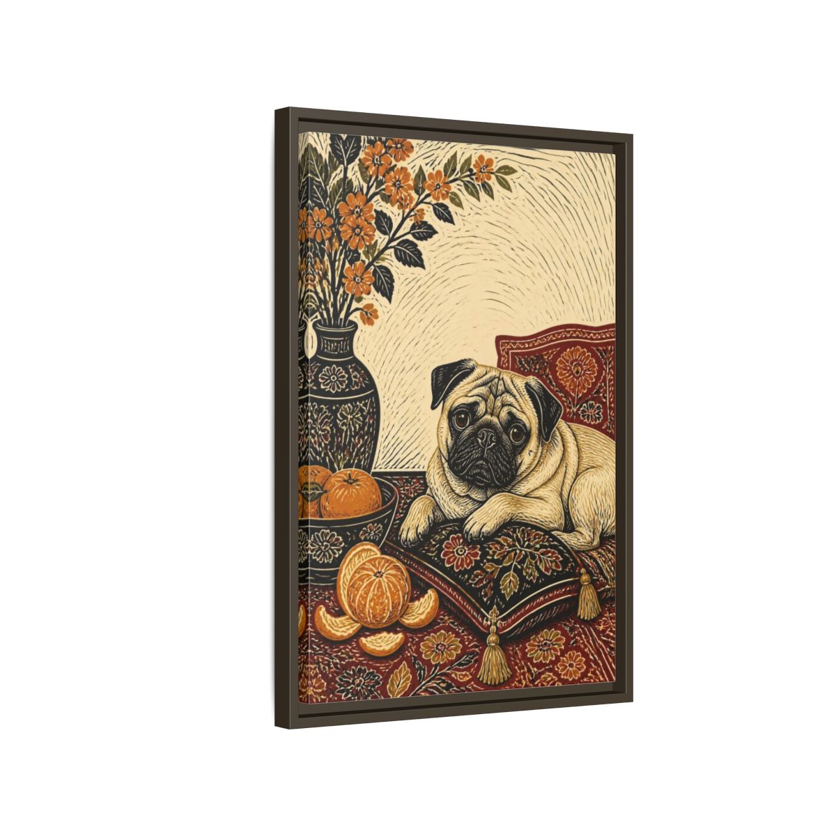 Side Mockup 2. Pug Pet Portrait shown as framed canvas print