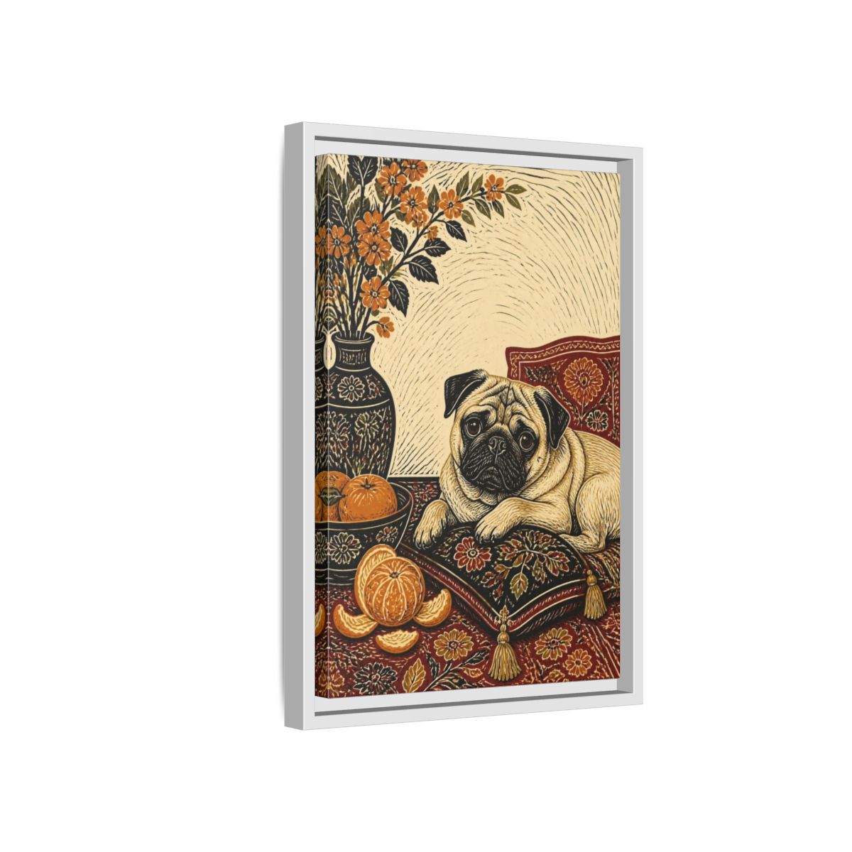 Side Mockup 4. Pug Pet Portrait shown as framed canvas print