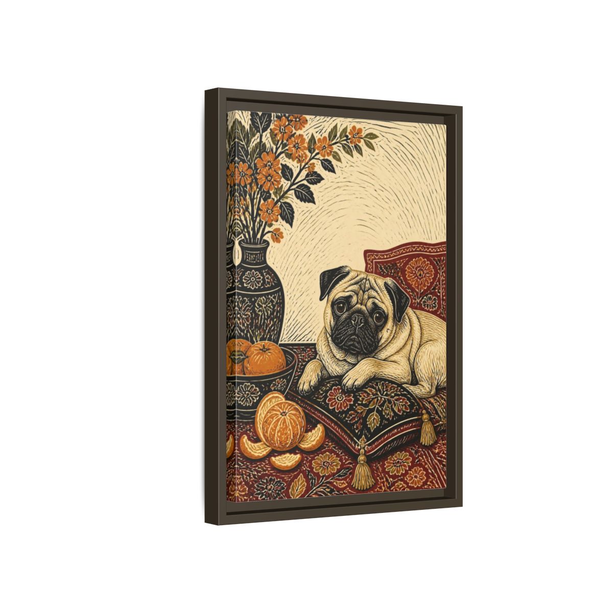 Side Mockup 5. Pug Pet Portrait shown as framed canvas print