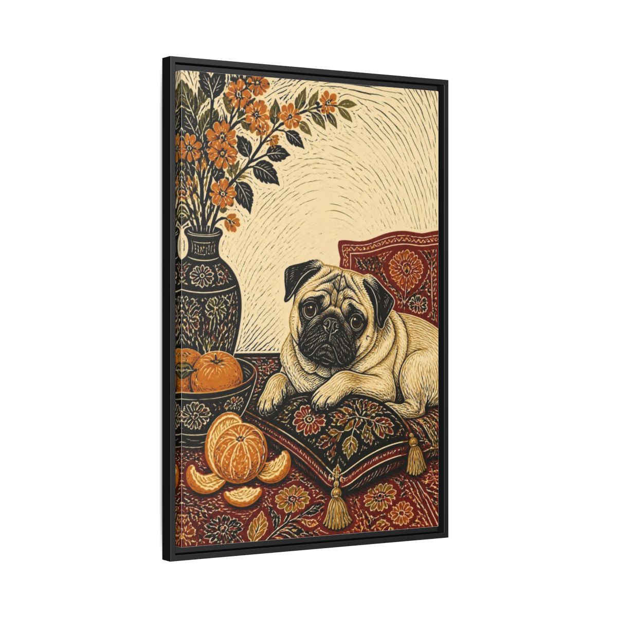 Side Mockup 13. Pug Pet Portrait shown as framed canvas print