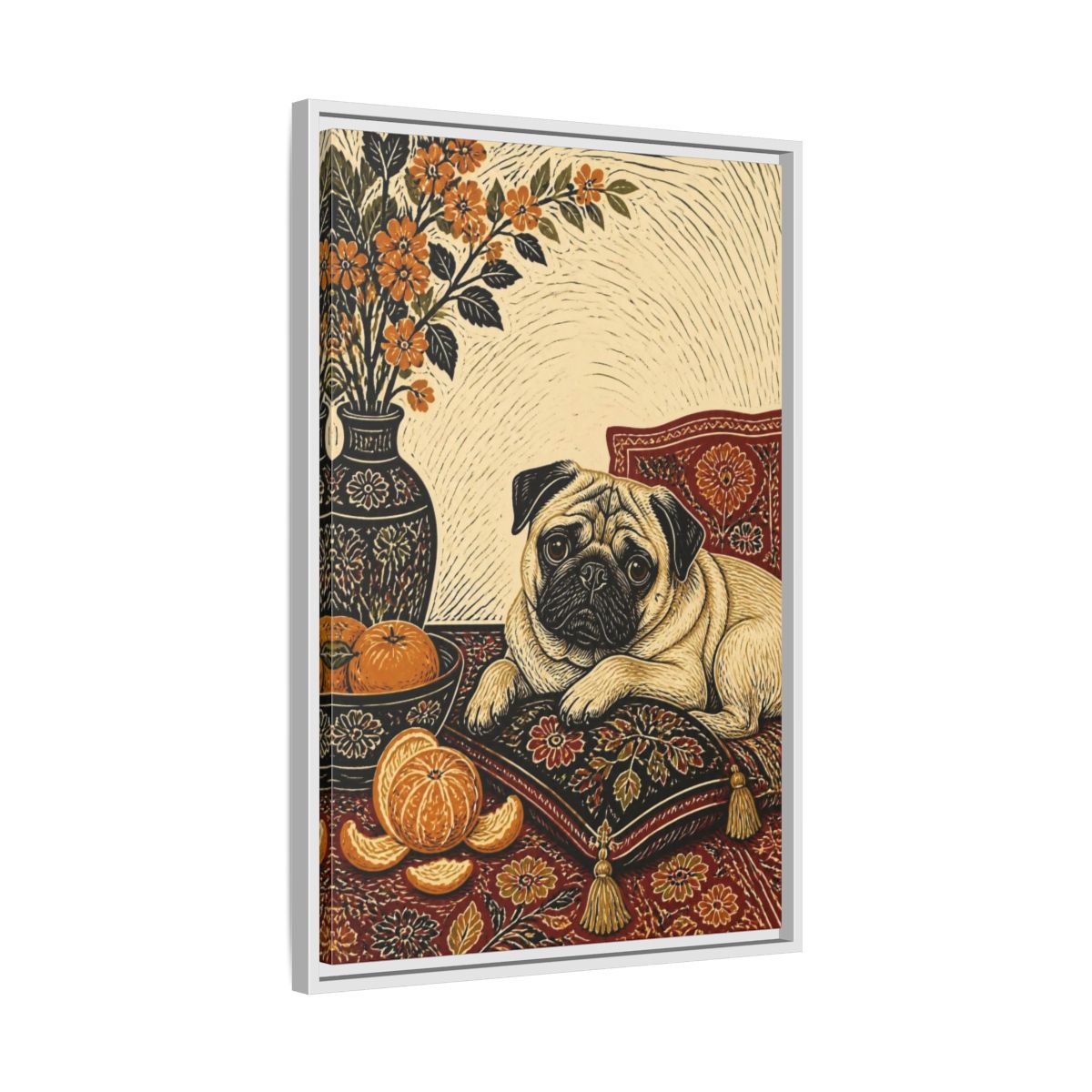 Side Mockup 10. Pug Pet Portrait shown as framed canvas print