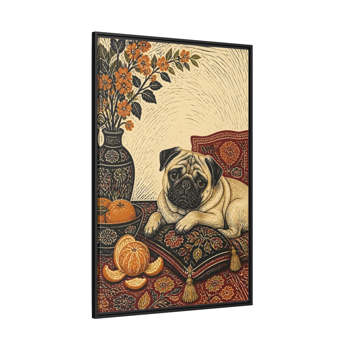 Side Mockup 12. Pug Pet Portrait shown as framed canvas print