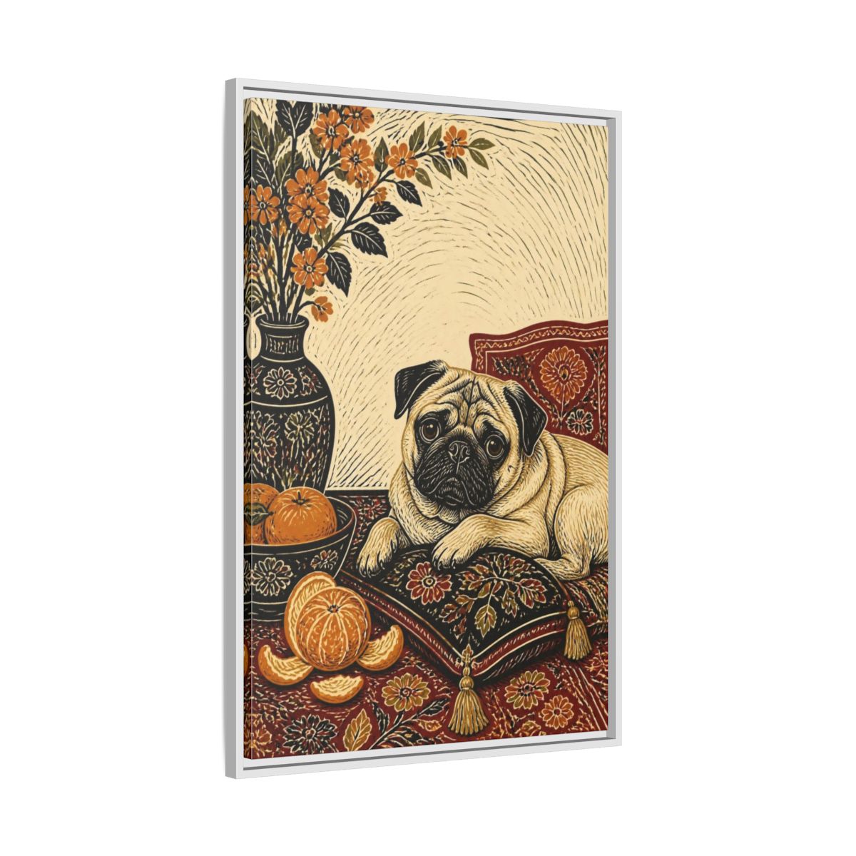 Side Mockup 9. Pug Pet Portrait shown as framed canvas print