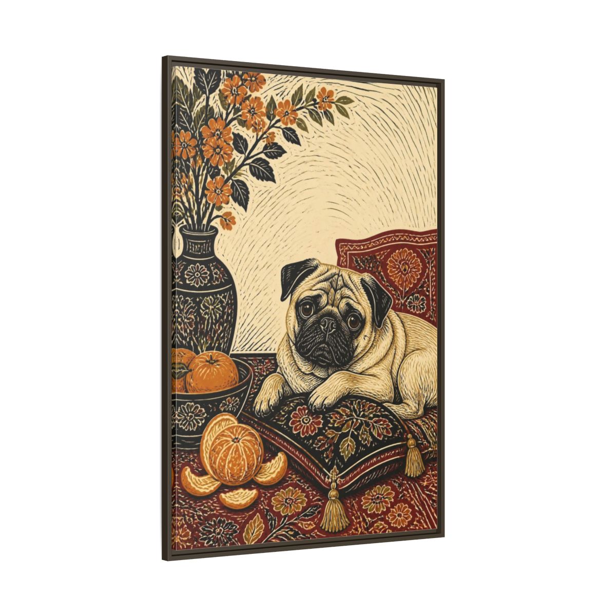 Side Mockup 8. Pug Pet Portrait shown as framed canvas print
