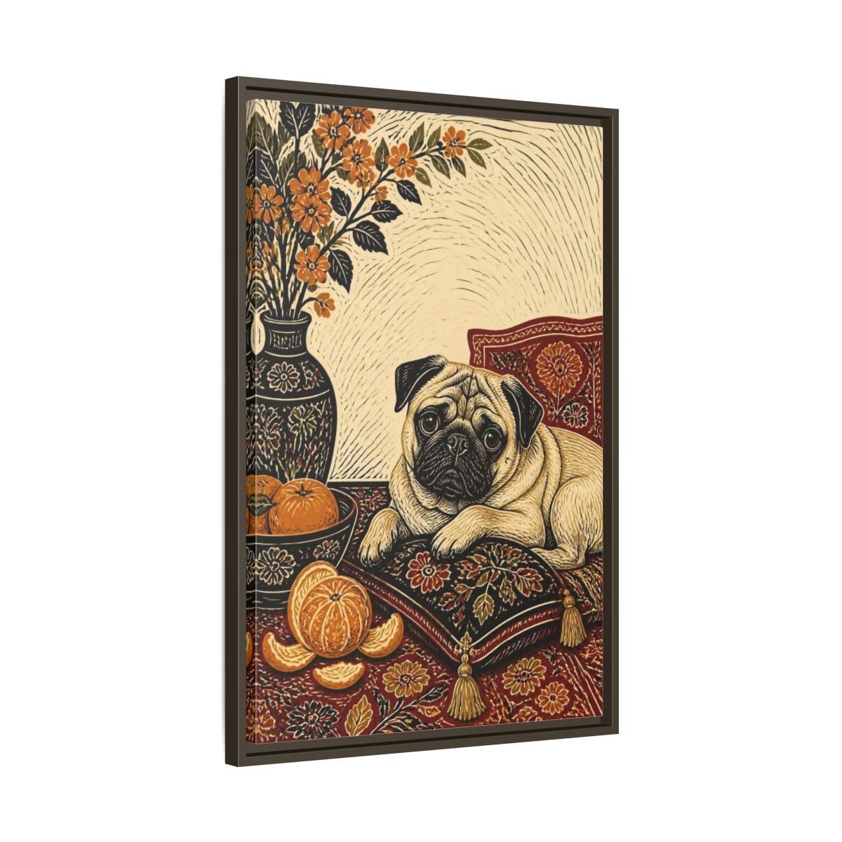 Side Mockup 11. Pug Pet Portrait shown as framed canvas print