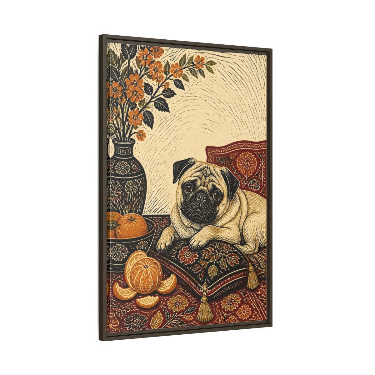 Main Mockup. Pug Pet Portrait shown as framed canvas print