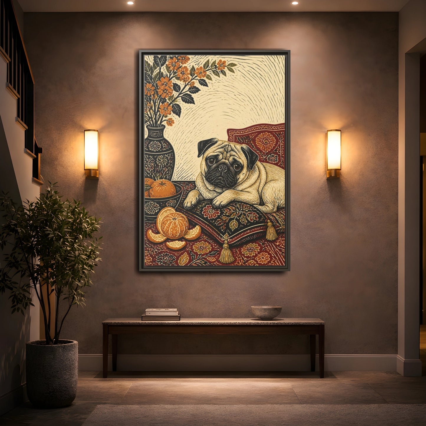 Mockup 2. Pug Pet Portrait shown as framed canvas print