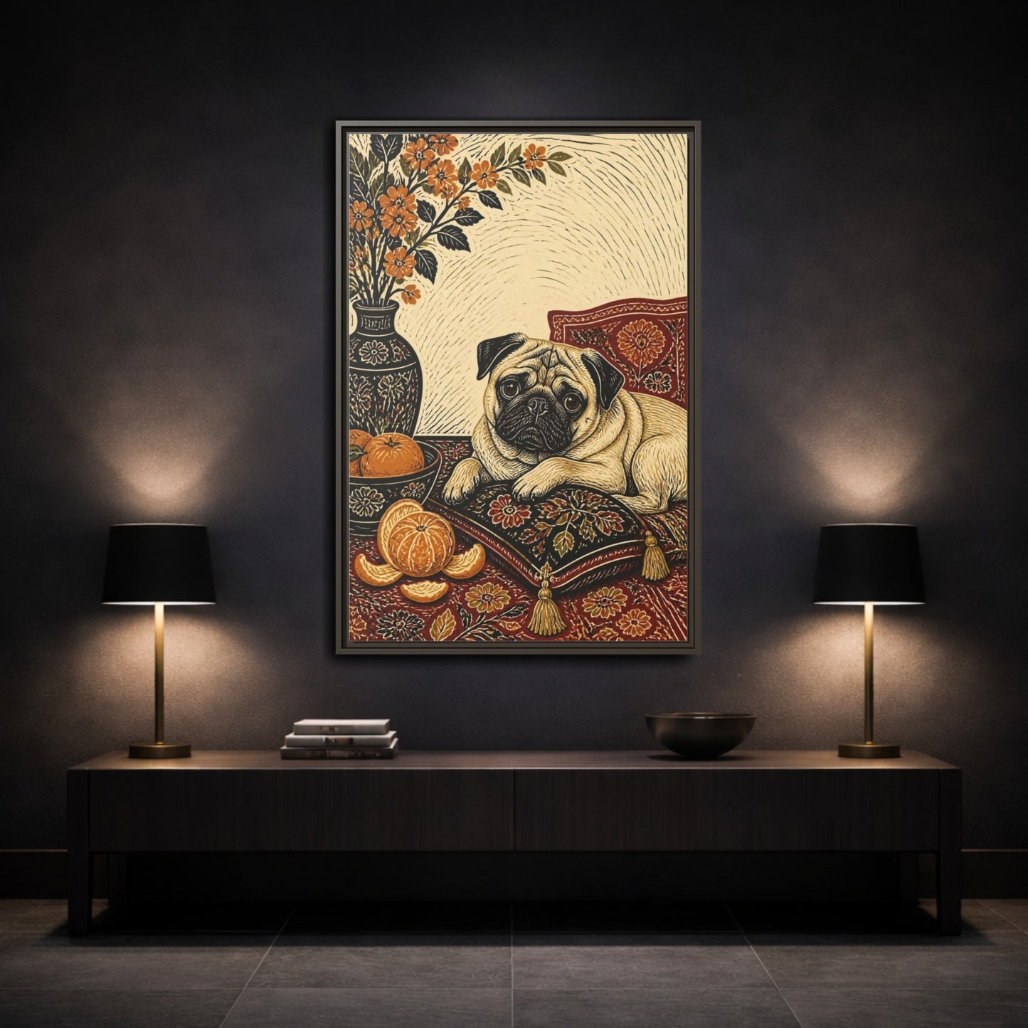 Mockup 3. Pug Pet Portrait shown as framed canvas print