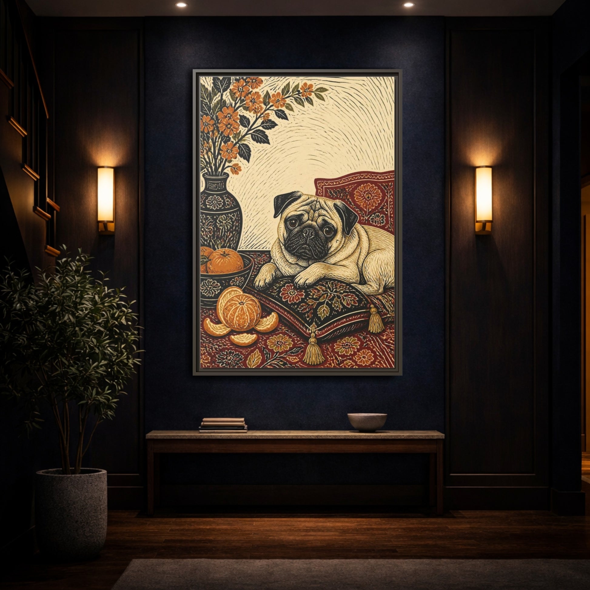 Mockup 4. Pug Pet Portrait shown as framed canvas print