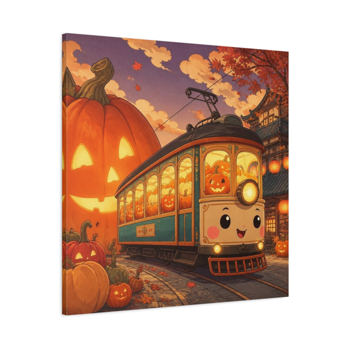 Main Mockup. Pumpkin Tram For Kids shown as canvas print