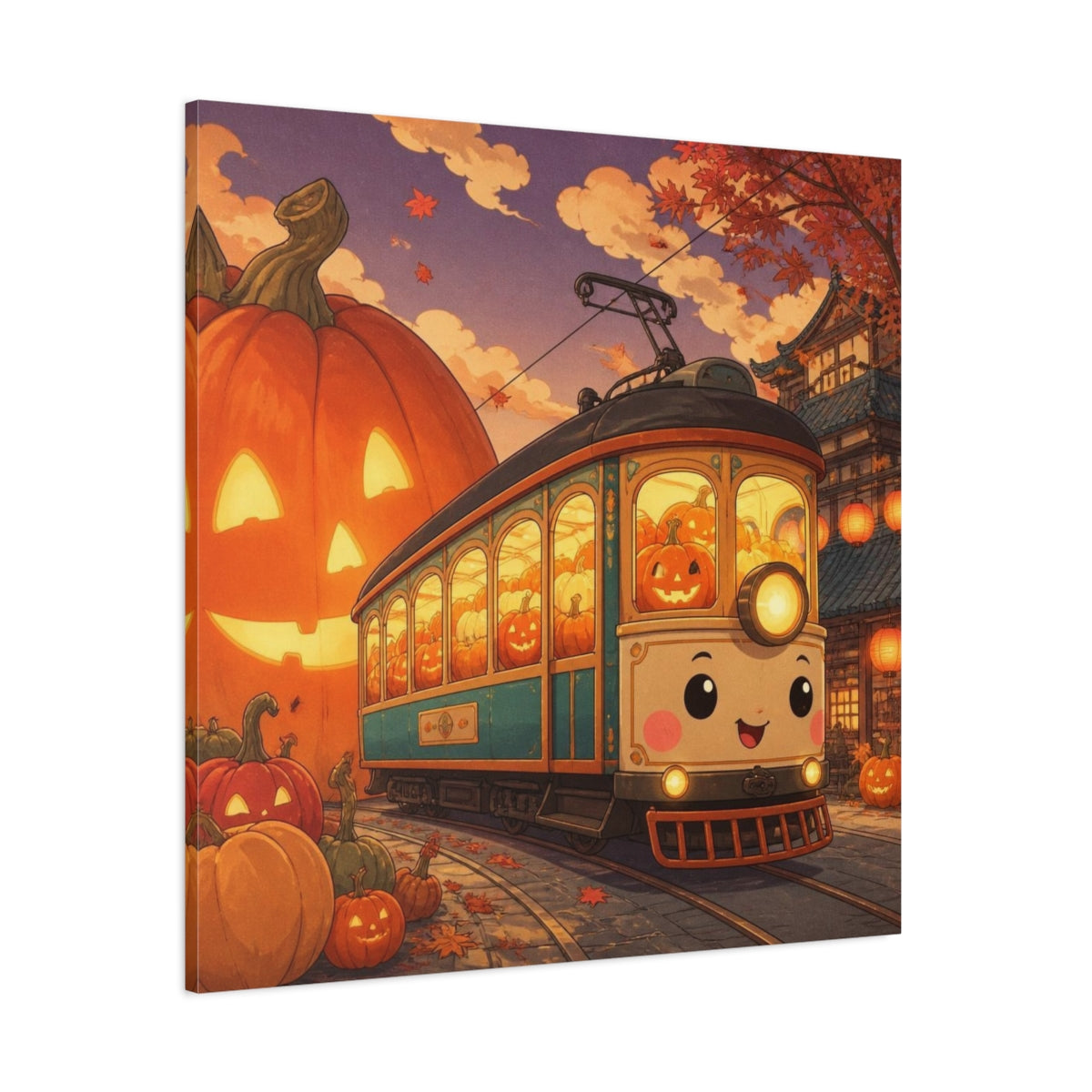 Side Mockup 1. Pumpkin Tram For Kids shown as canvas print