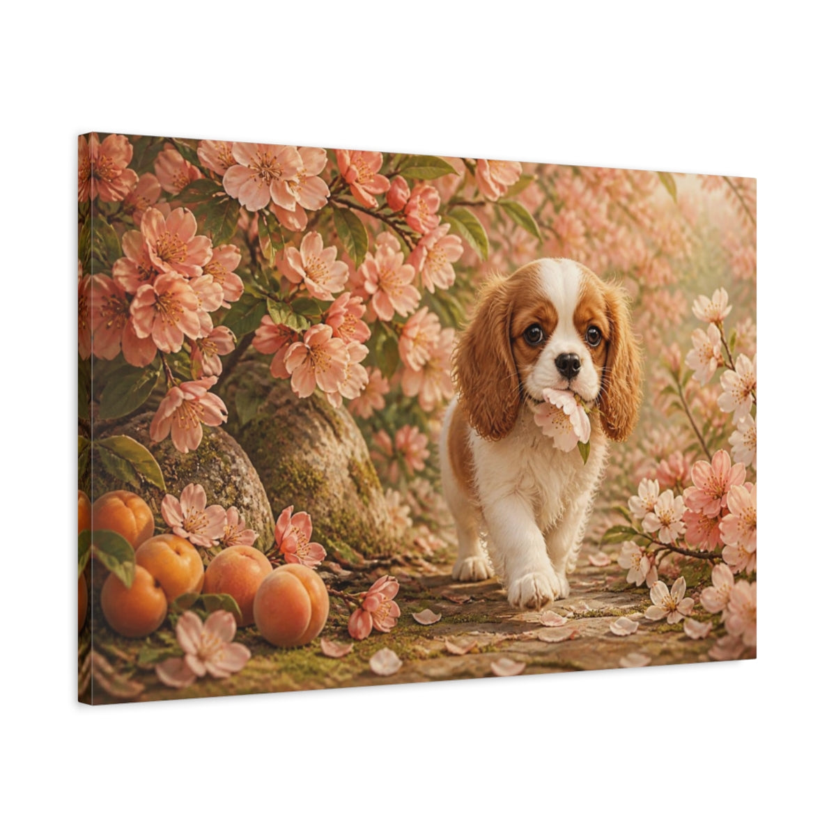 Side Mockup 2. Puppy Pets Apricot Blossom shown as canvas print
