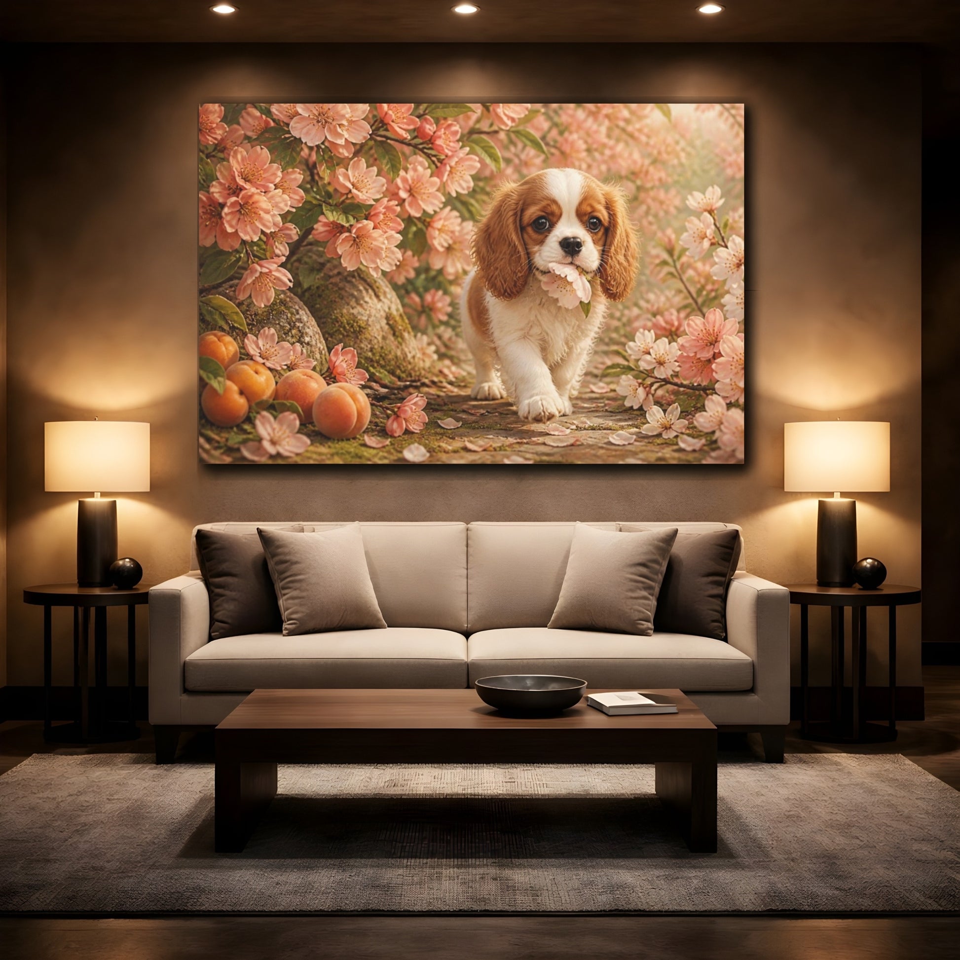 Mockup 2. Puppy Pets Apricot Blossom shown as canvas print