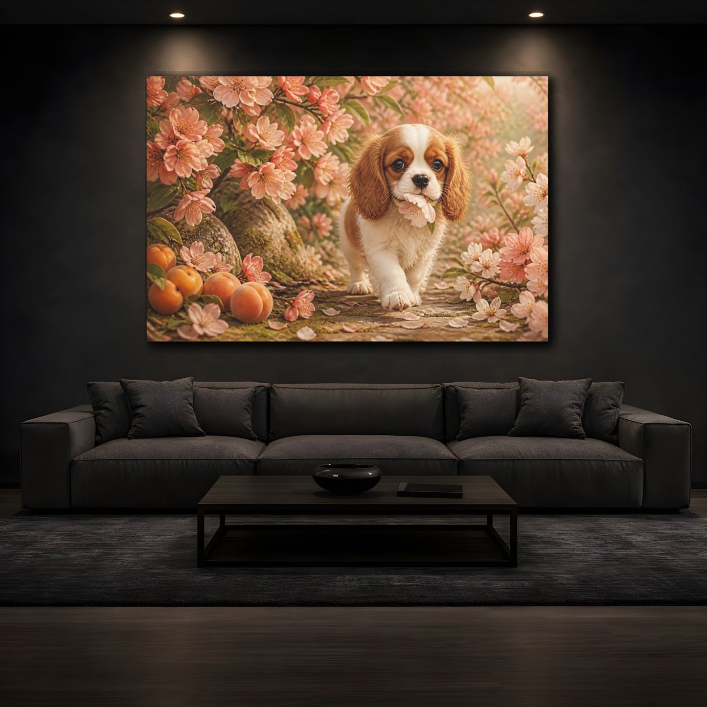 Mockup 3. Puppy Pets Apricot Blossom shown as canvas print