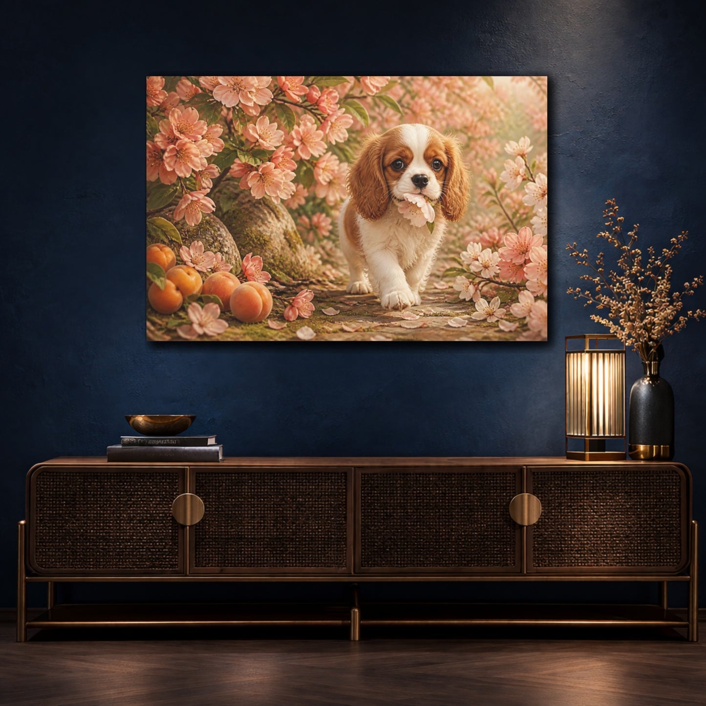 Mockup 4. Puppy Pets Apricot Blossom shown as canvas print