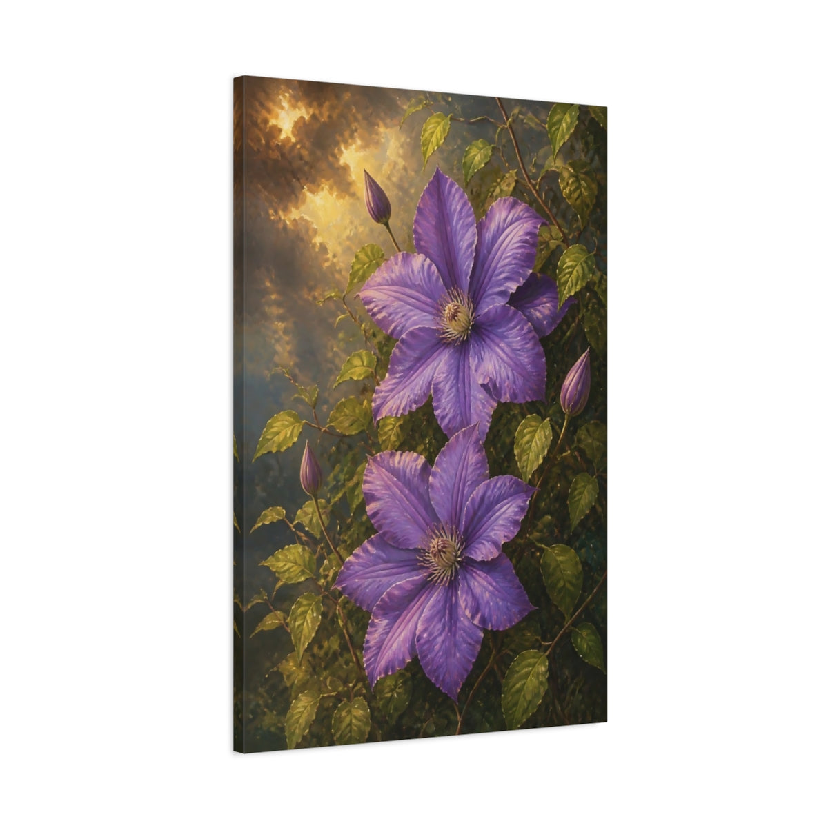 Main Mockup. Purple Clematis Blooms shown as canvas print