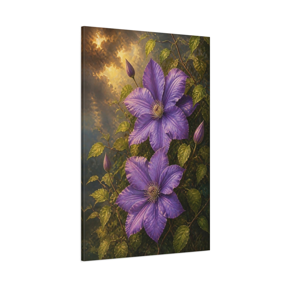 Side Mockup 1. Purple Clematis Blooms shown as canvas print