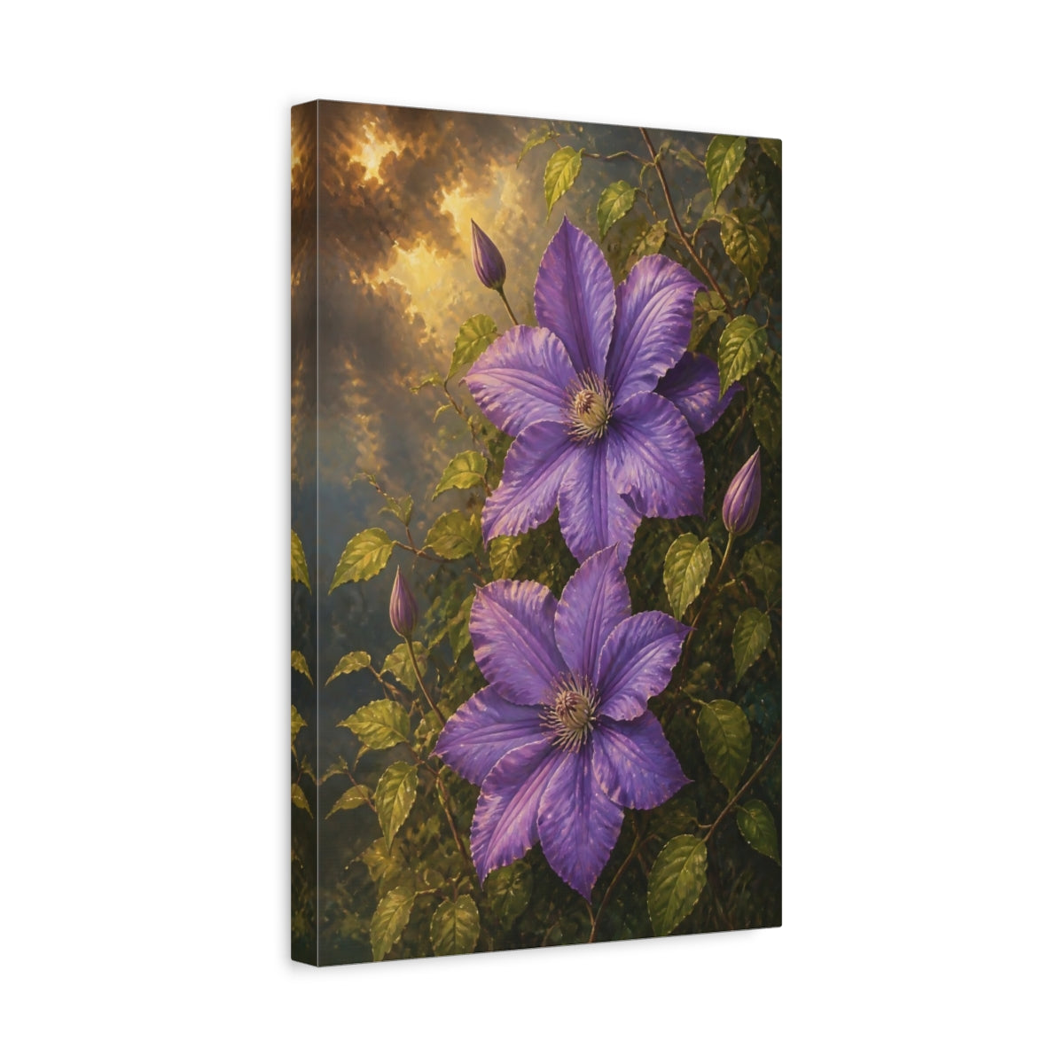 Side Mockup 4. Purple Clematis Blooms shown as canvas print