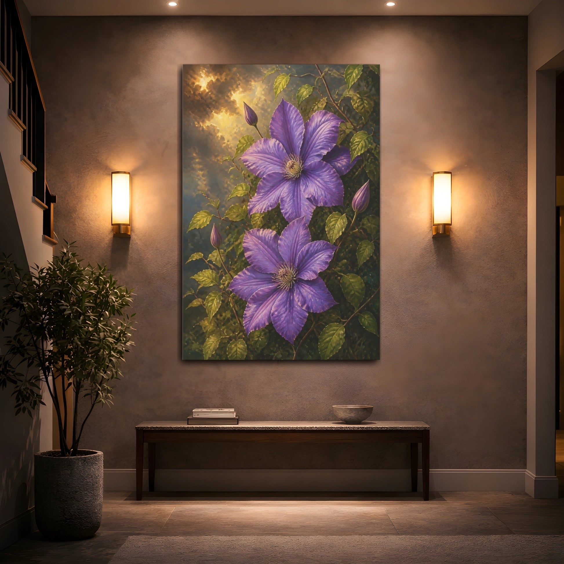 Mockup 2. Purple Clematis Blooms shown as canvas print