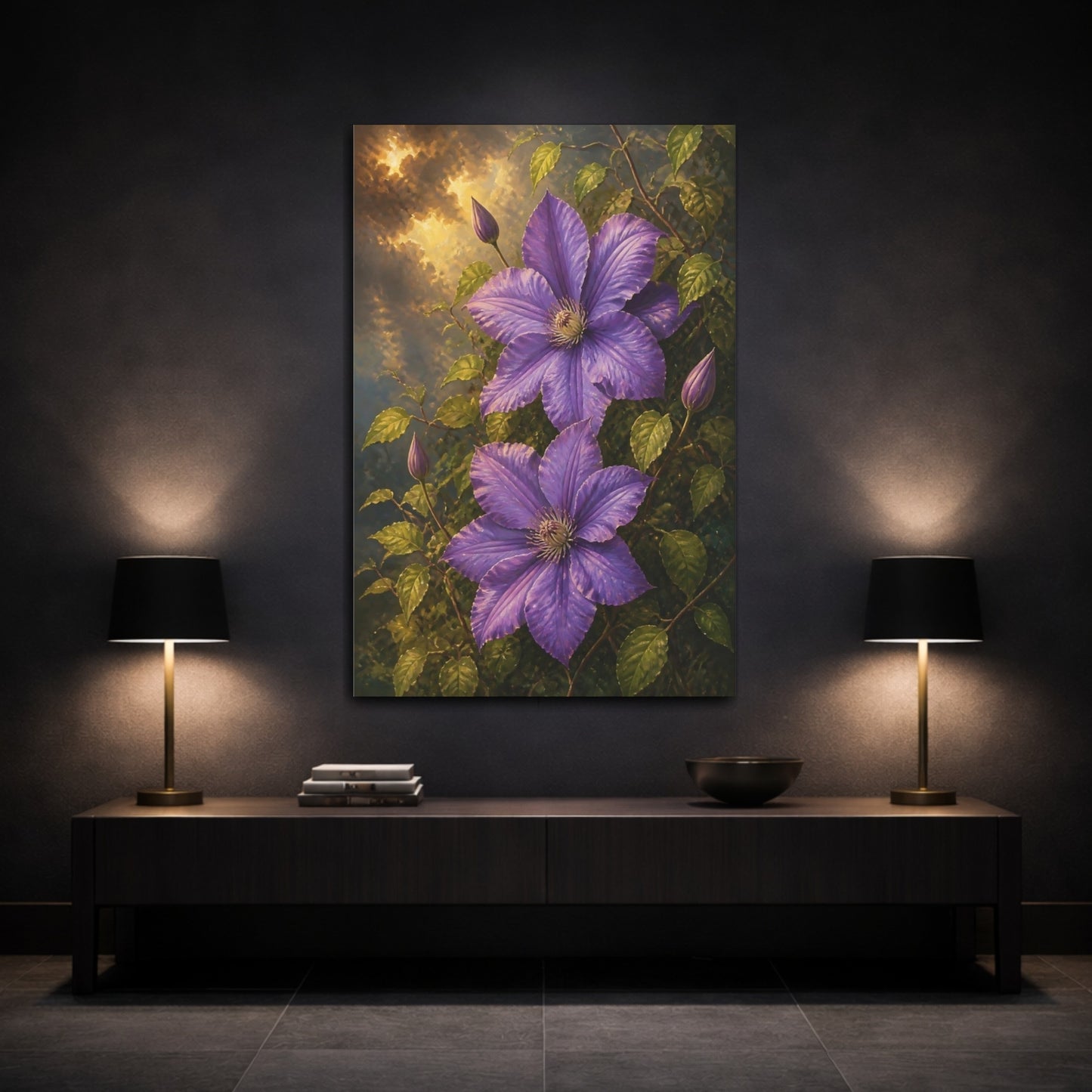 Mockup 3. Purple Clematis Blooms shown as canvas print