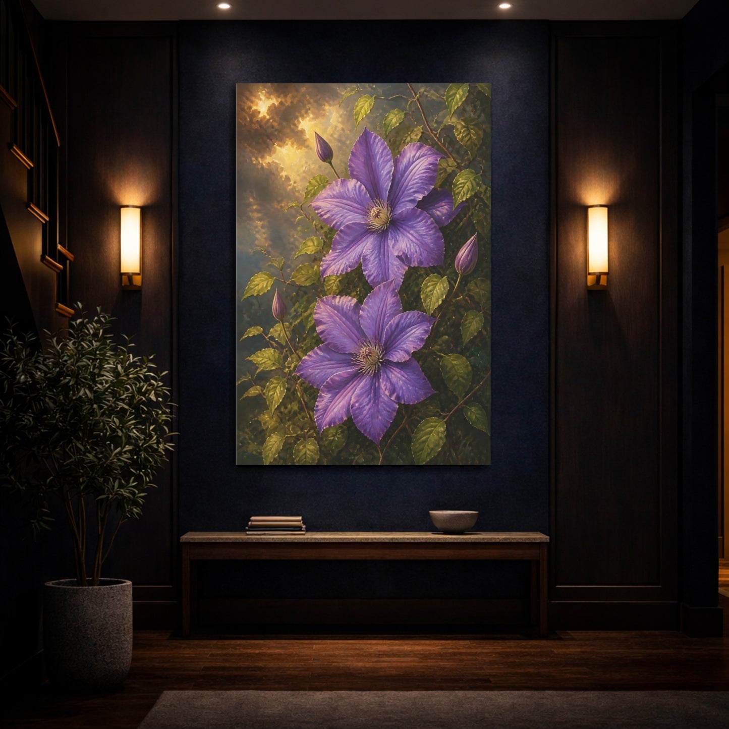 Mockup 4. Purple Clematis Blooms shown as canvas print