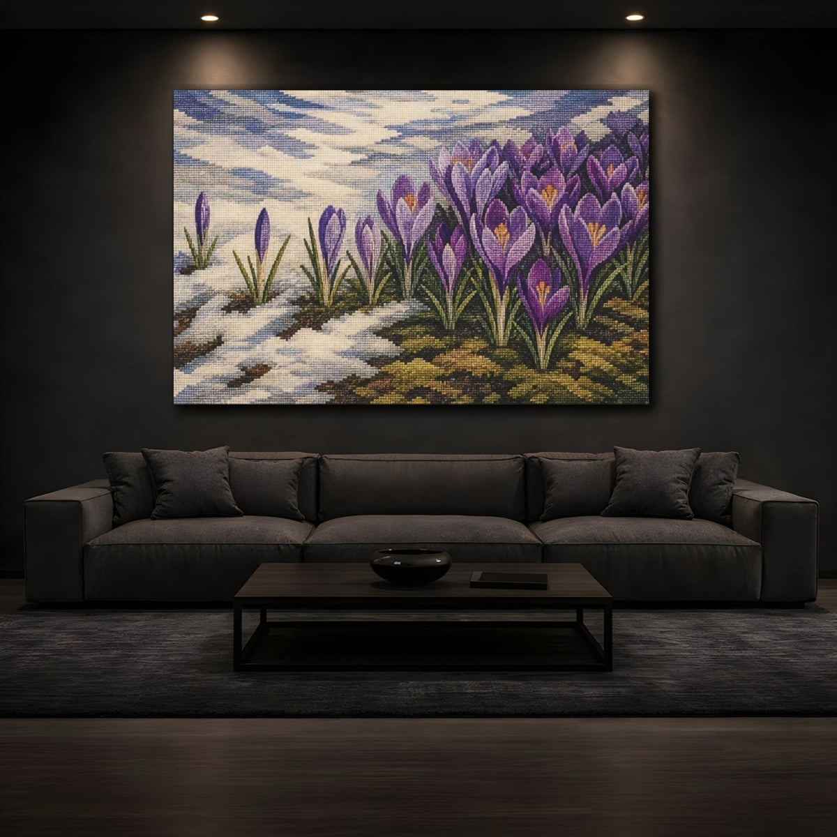 Purple Crocus In Snow Canvas Print Wall Art – Living Room Decor, Above Couch - YesArtYes