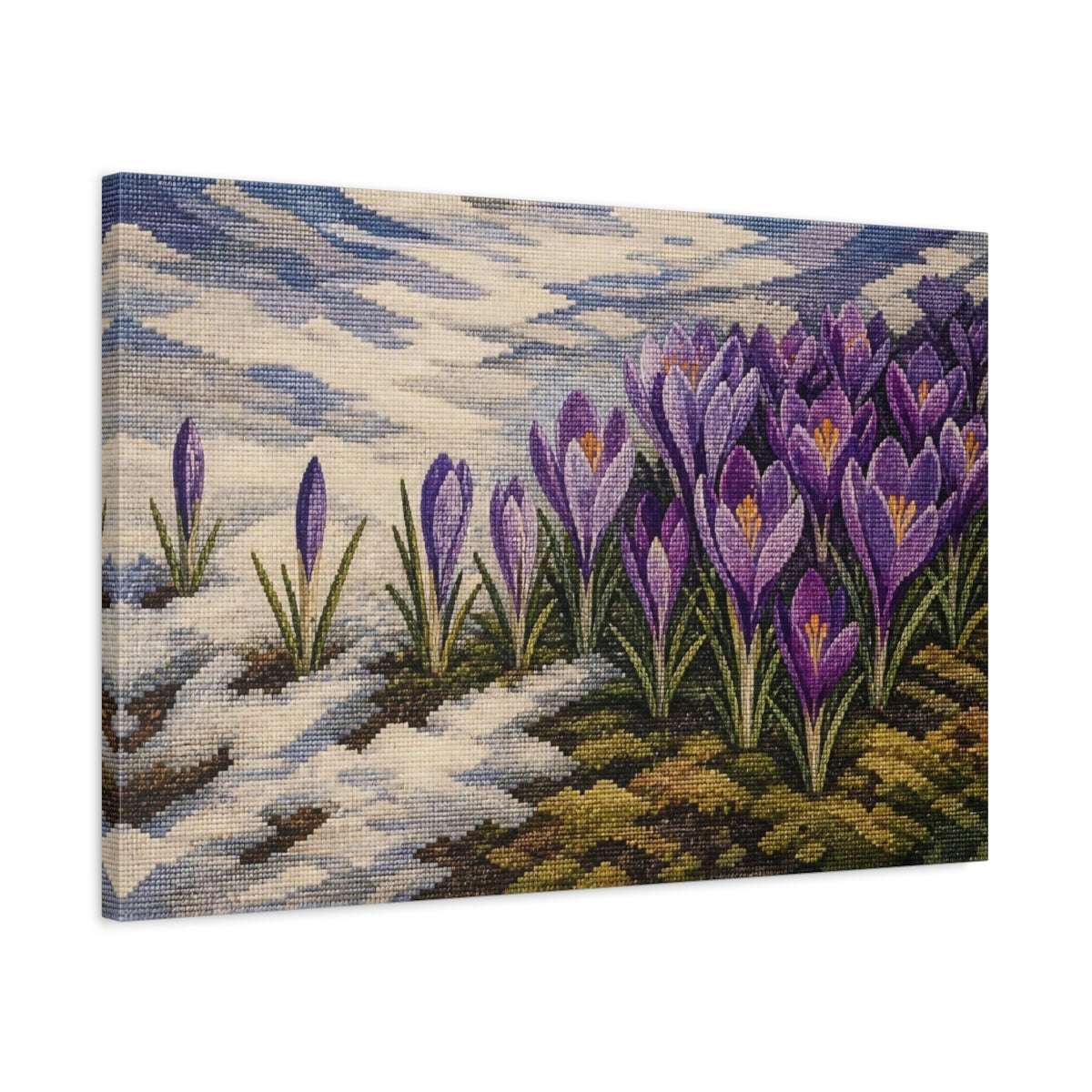 Side Mockup 2. Purple Crocus In Snow shown as canvas print