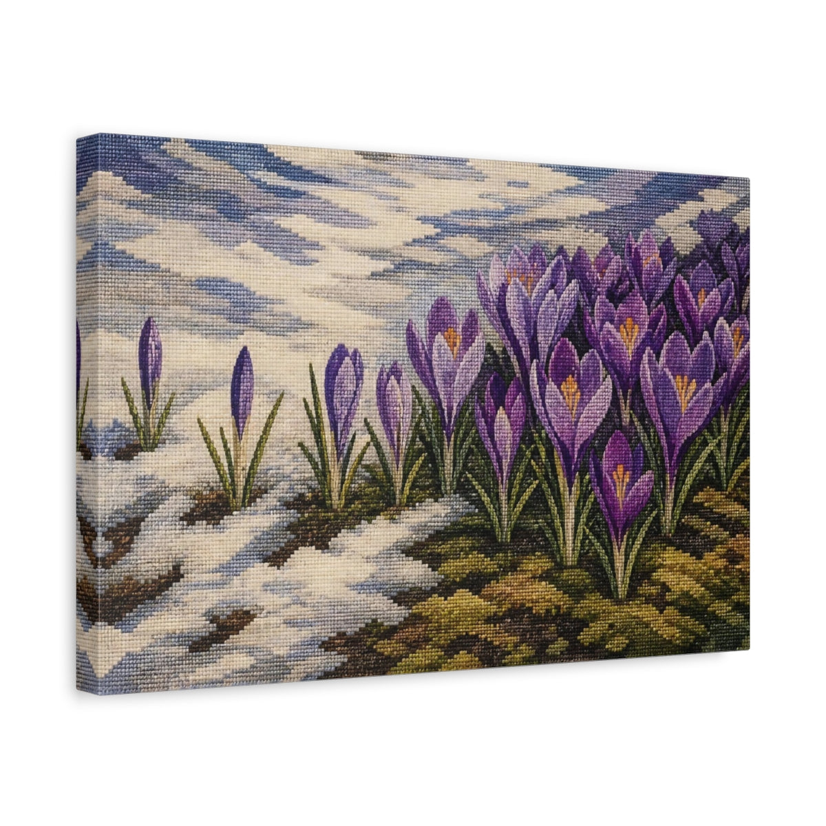 Side Mockup 4. Purple Crocus In Snow shown as canvas print