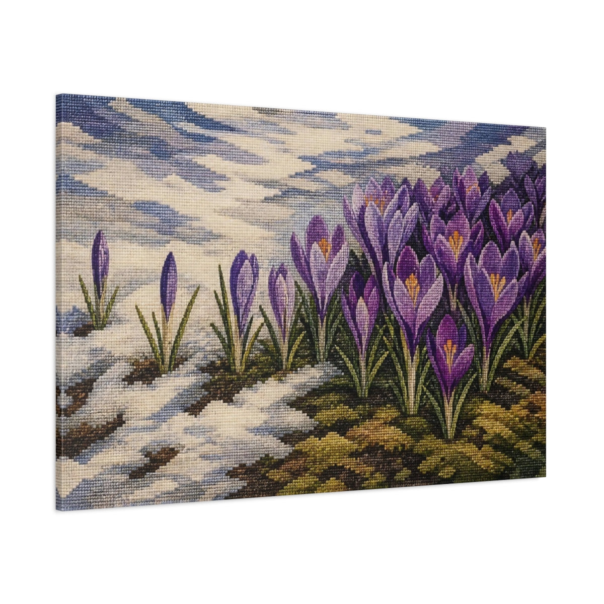 Side Mockup 1. Purple Crocus In Snow shown as canvas print