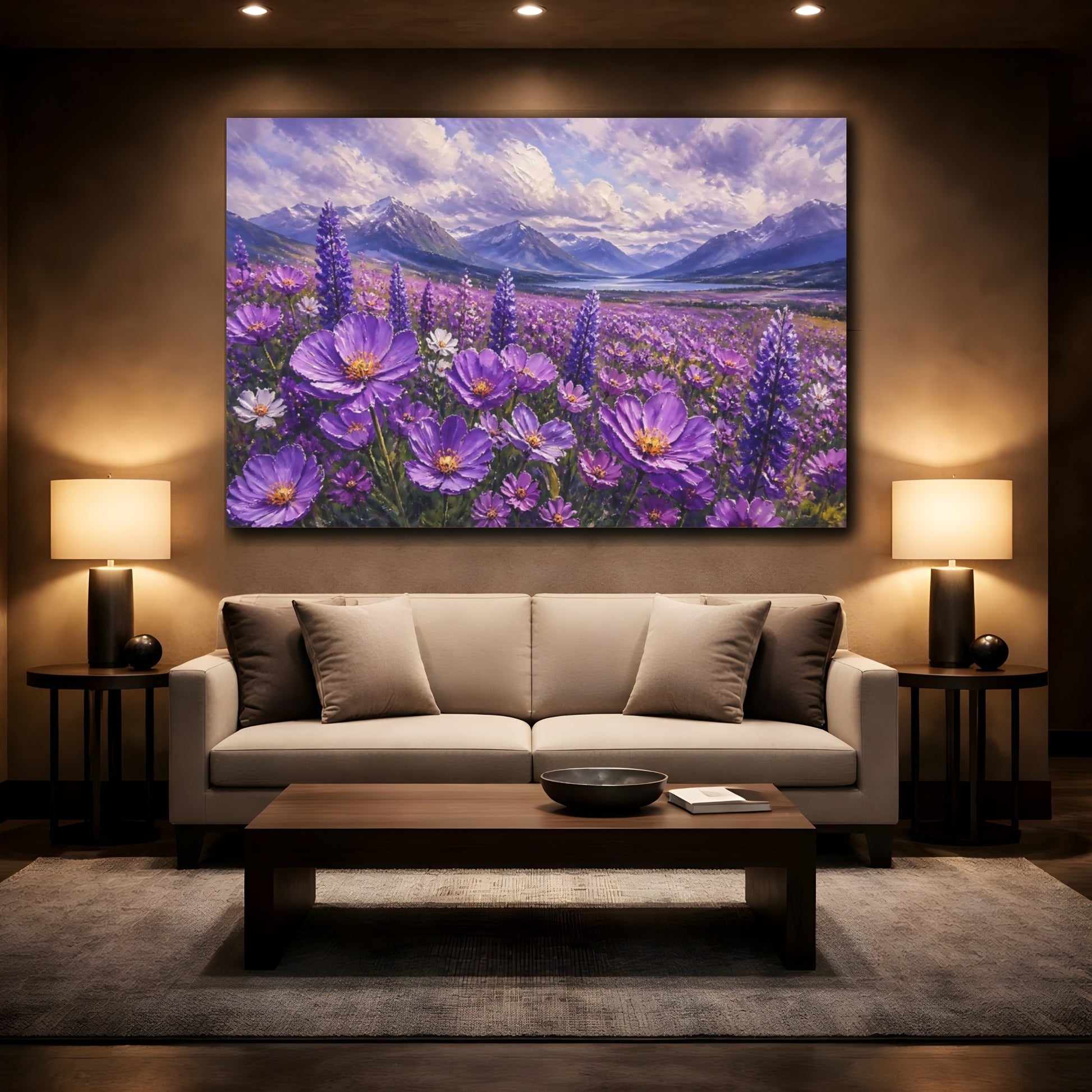 Mockup 2. Purple Floral Meadow shown as canvas print