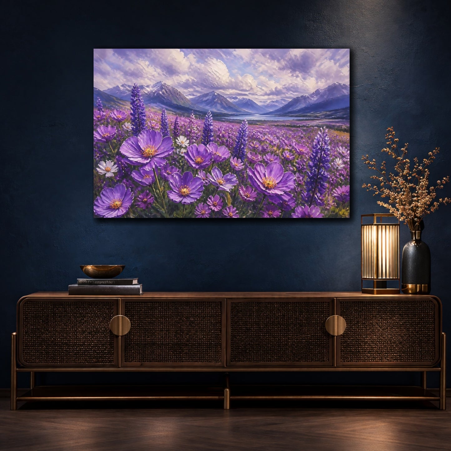 Mockup 4. Purple Floral Meadow shown as canvas print