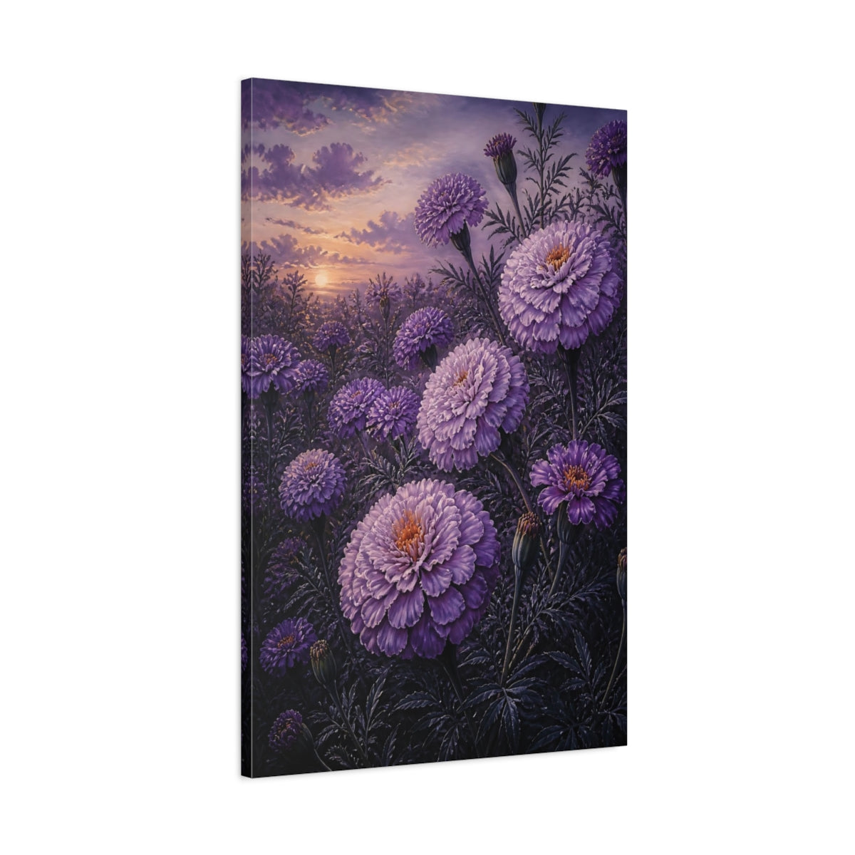 Main Mockup. Purple Flowers At Dawn shown as canvas print