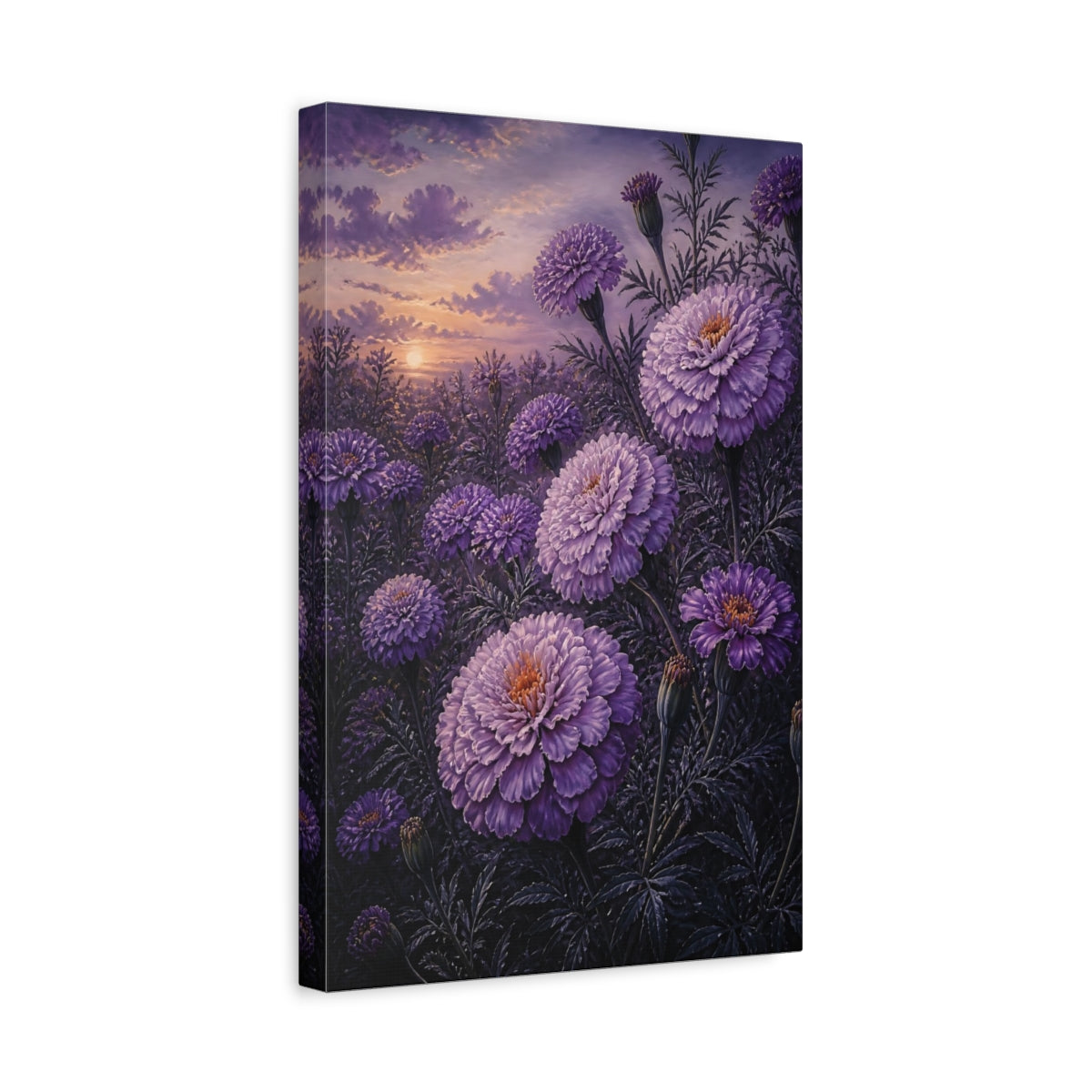 Side Mockup 4. Purple Flowers At Dawn shown as canvas print