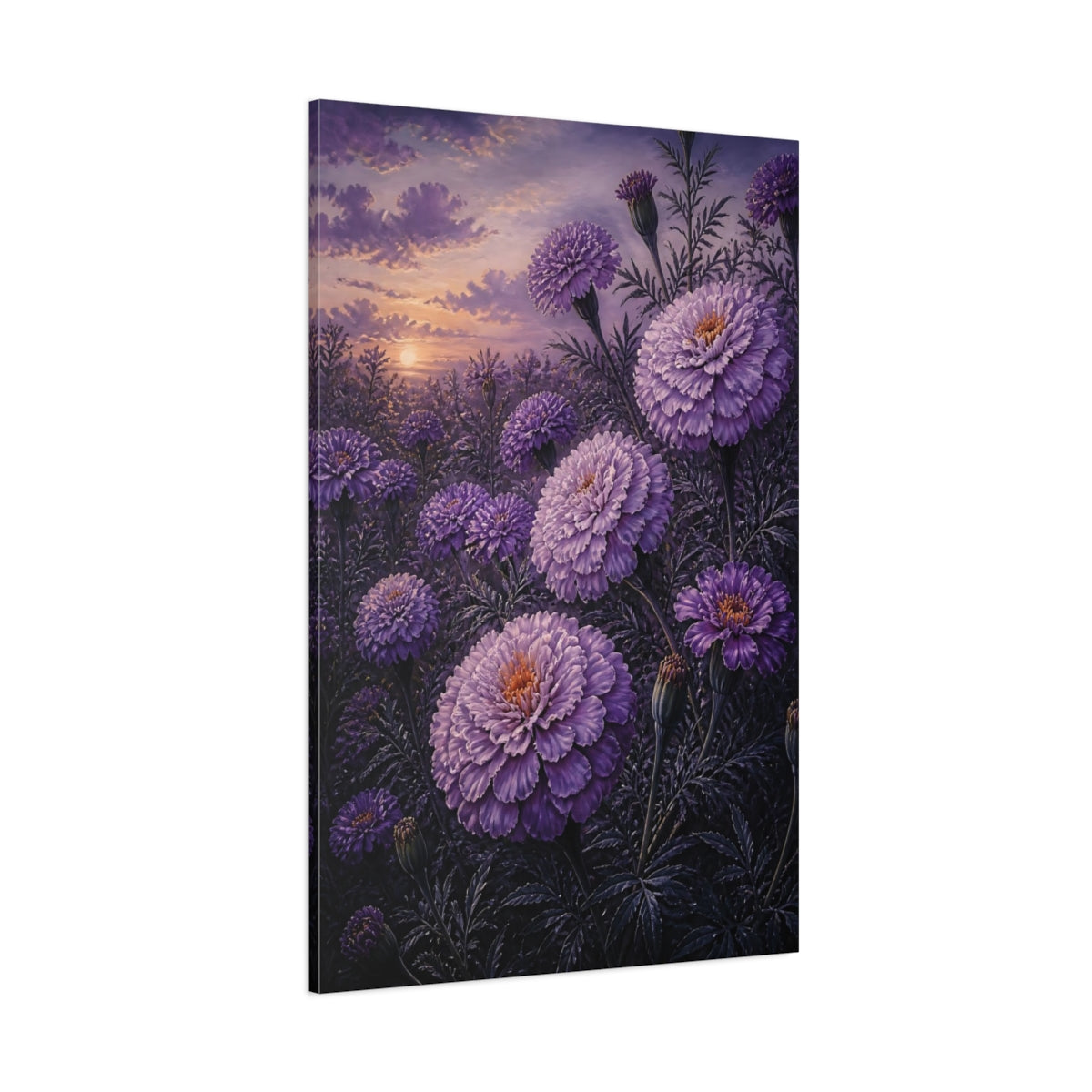 Side Mockup 1. Purple Flowers At Dawn shown as canvas print