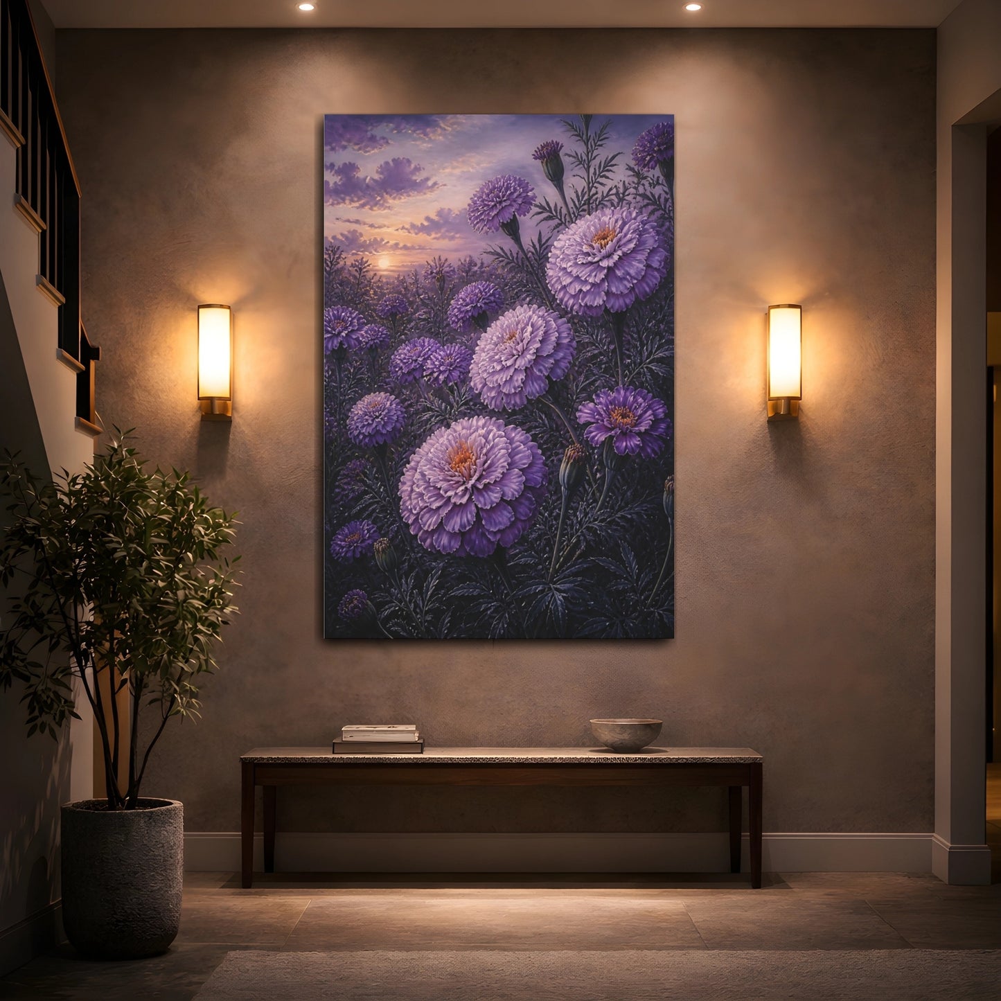 Mockup 2. Purple Flowers At Dawn shown as canvas print