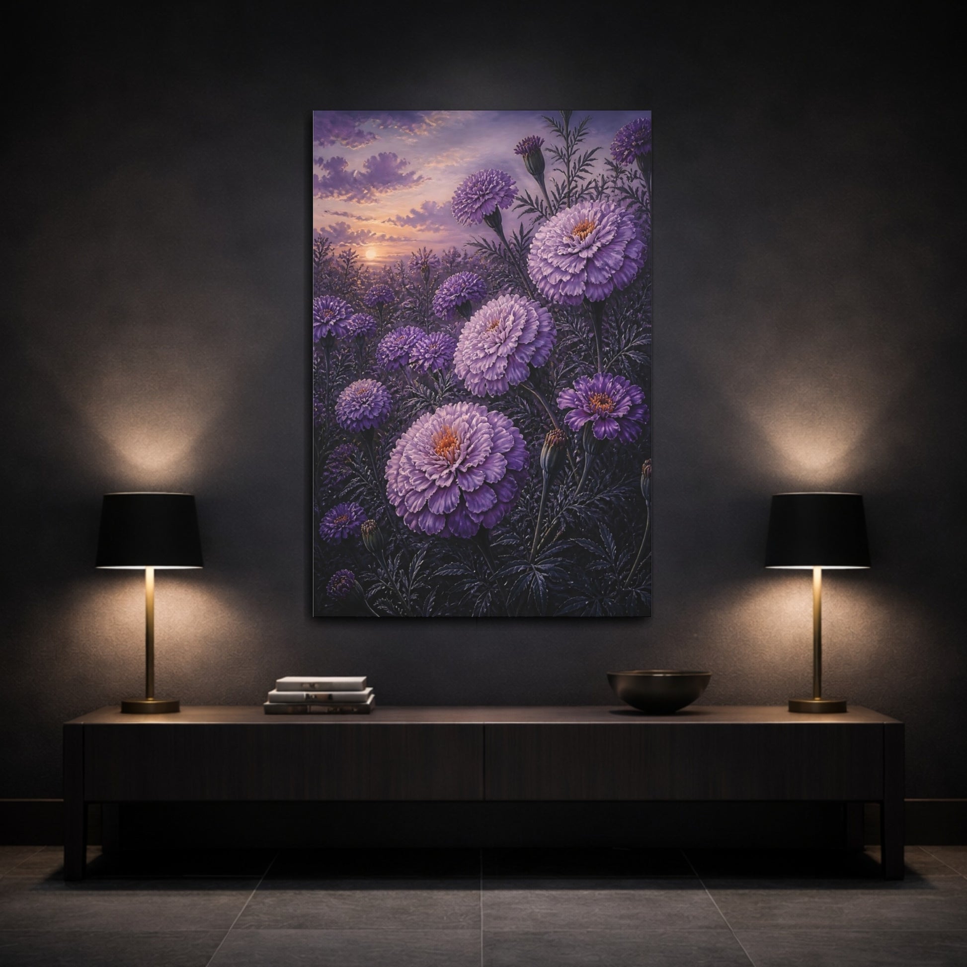 Mockup 3. Purple Flowers At Dawn shown as canvas print