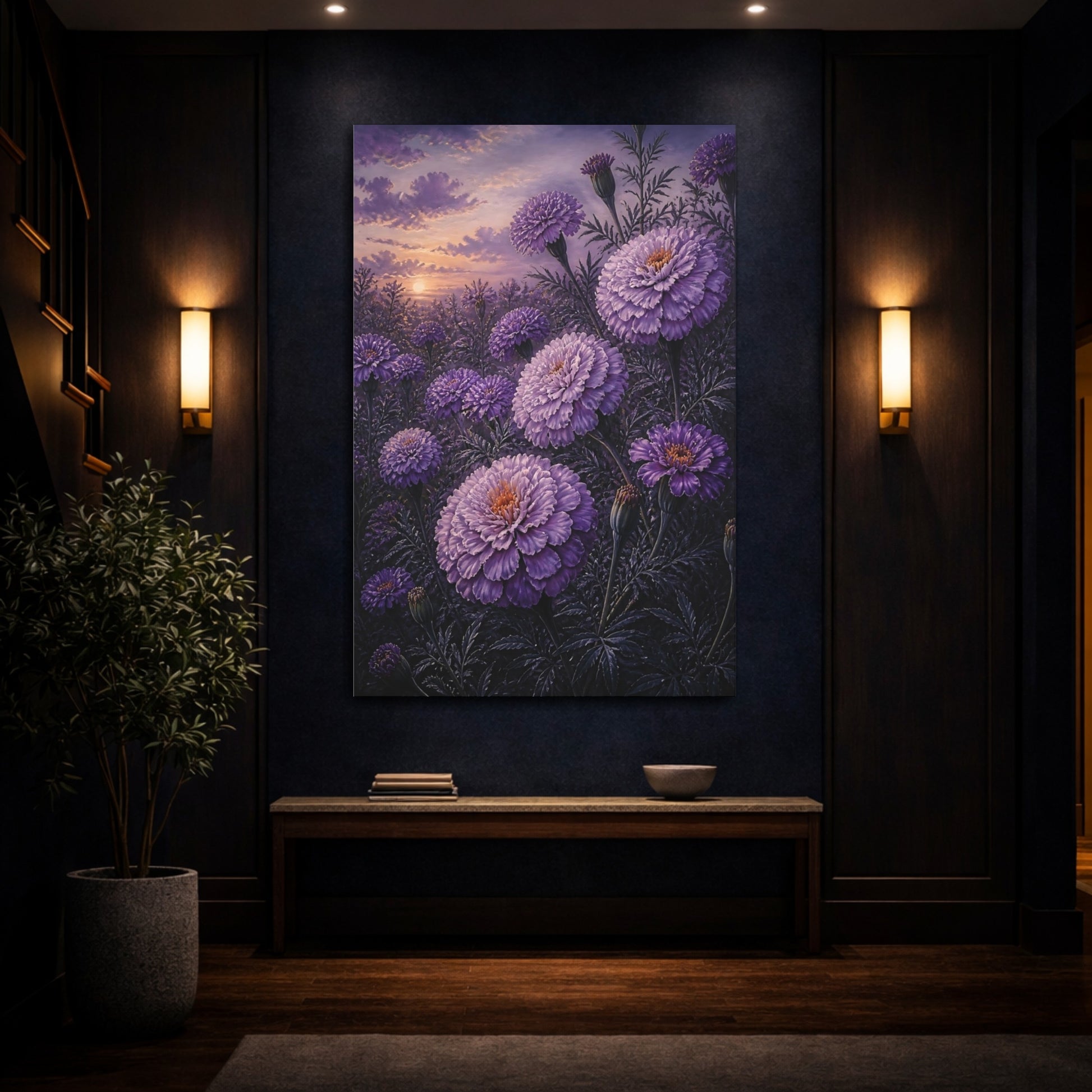 Mockup 4. Purple Flowers At Dawn shown as canvas print