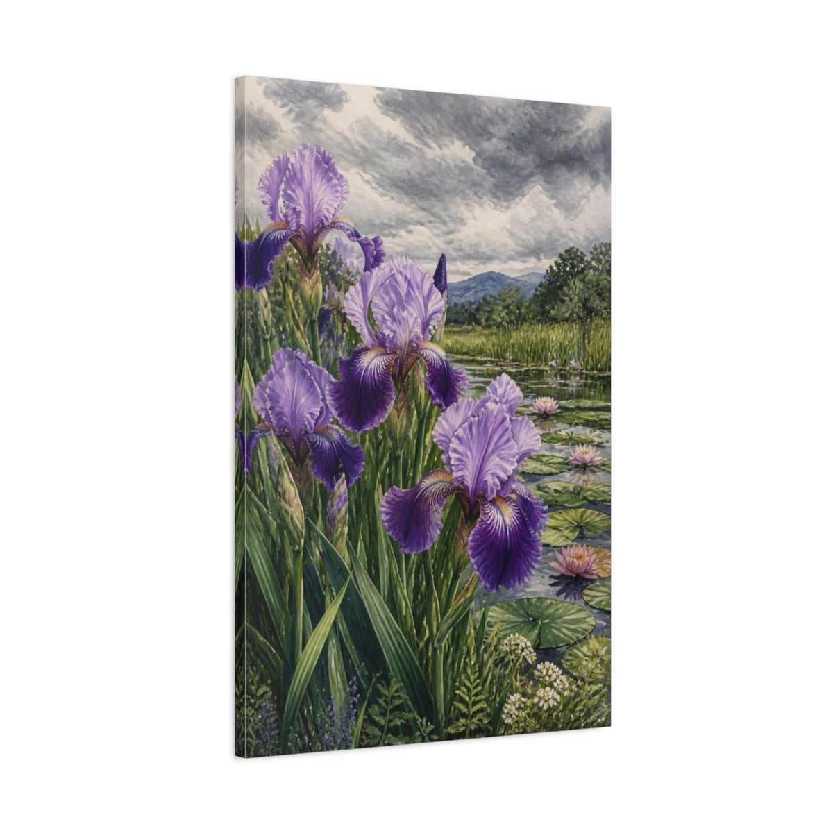 Main Mockup. Purple Iris Flowers By Pond shown as canvas print