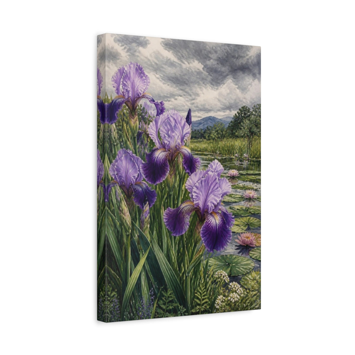 Side Mockup 4. Purple Iris Flowers By Pond shown as canvas print