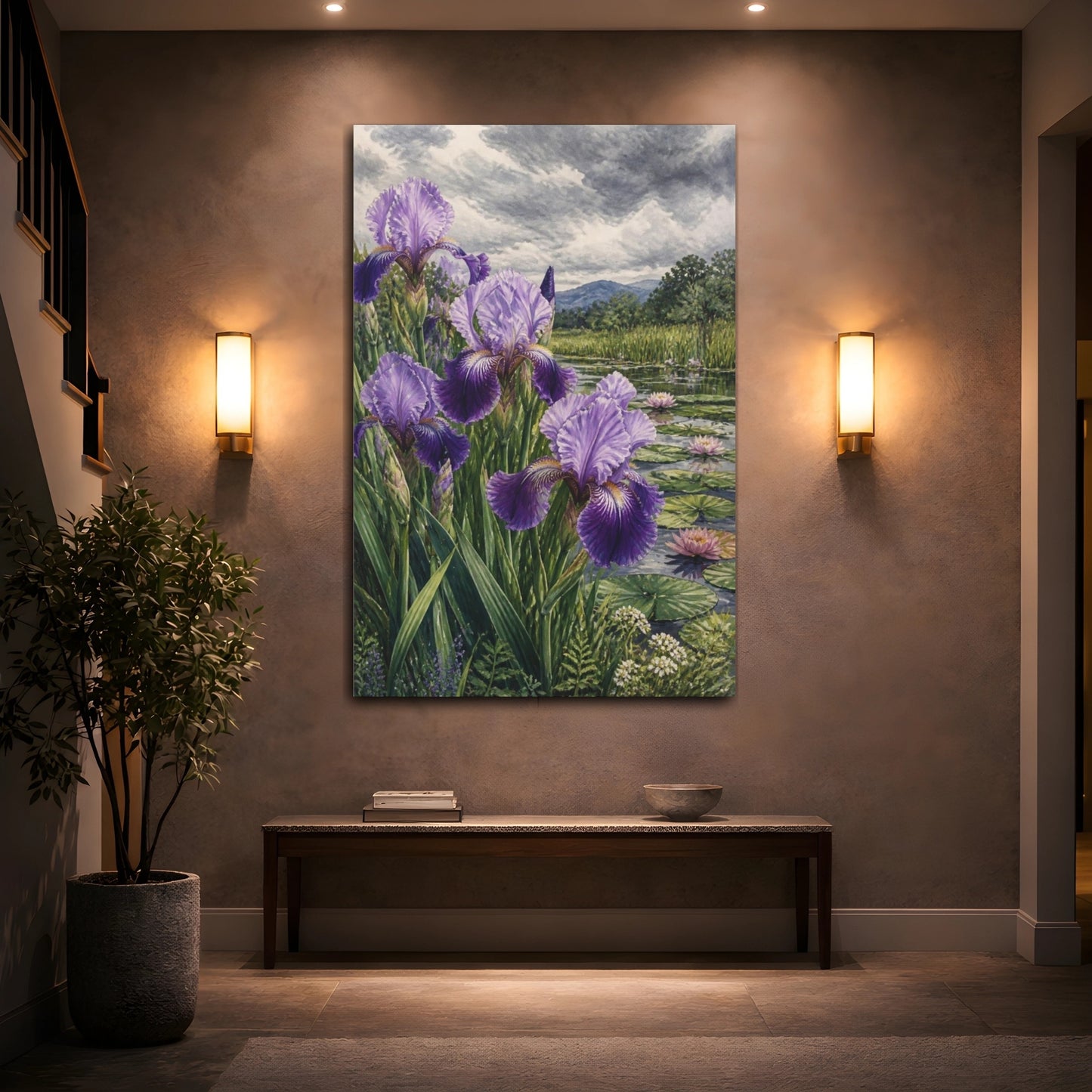 Mockup 2. Purple Iris Flowers By Pond shown as canvas print