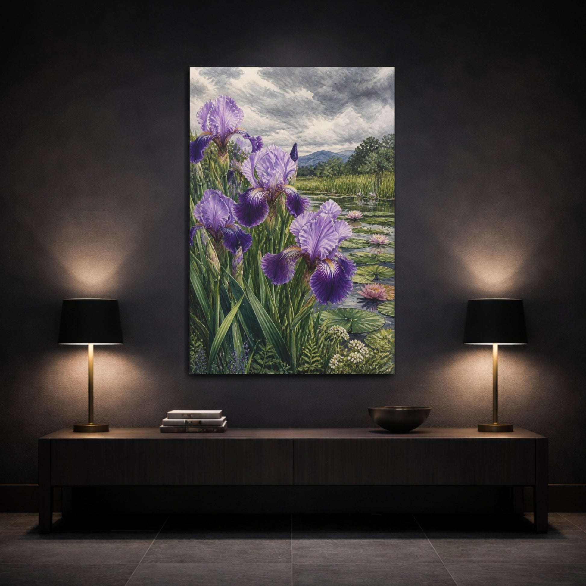 Mockup 3. Purple Iris Flowers By Pond shown as canvas print