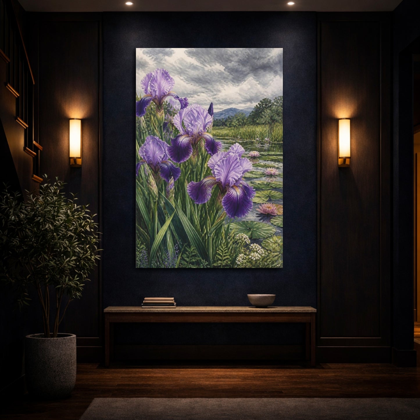 Mockup 4. Purple Iris Flowers By Pond shown as canvas print