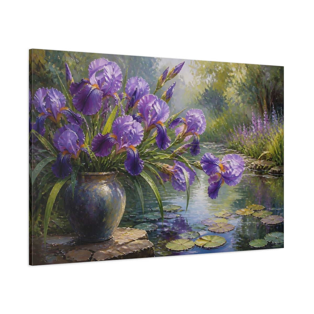 Side Mockup 1. Purple Iris Flowers shown as canvas print