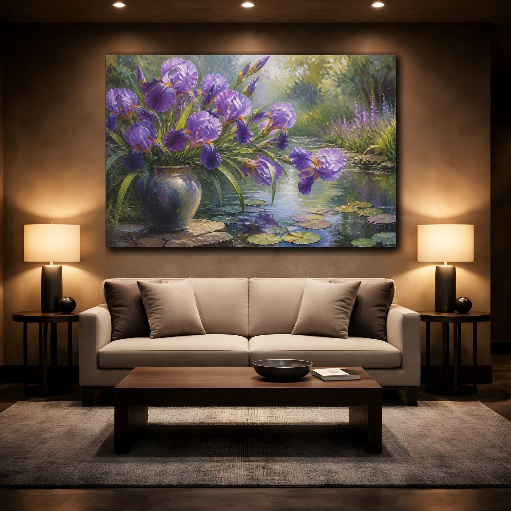 Mockup 2. Purple Iris Flowers shown as canvas print