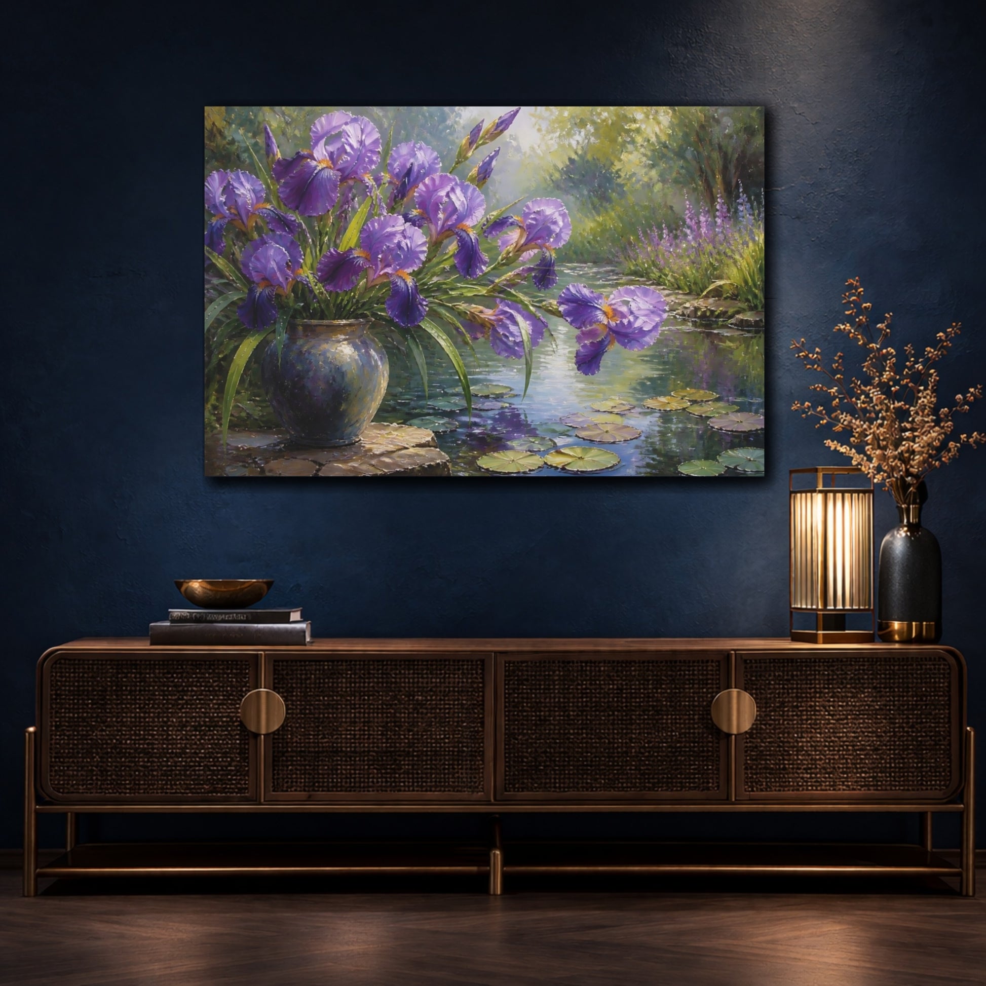 Mockup 4. Purple Iris Flowers shown as canvas print