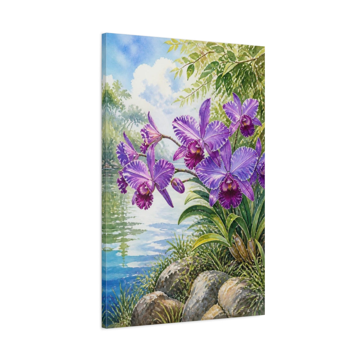 Main Mockup. Purple Orchid Flowers shown as canvas print